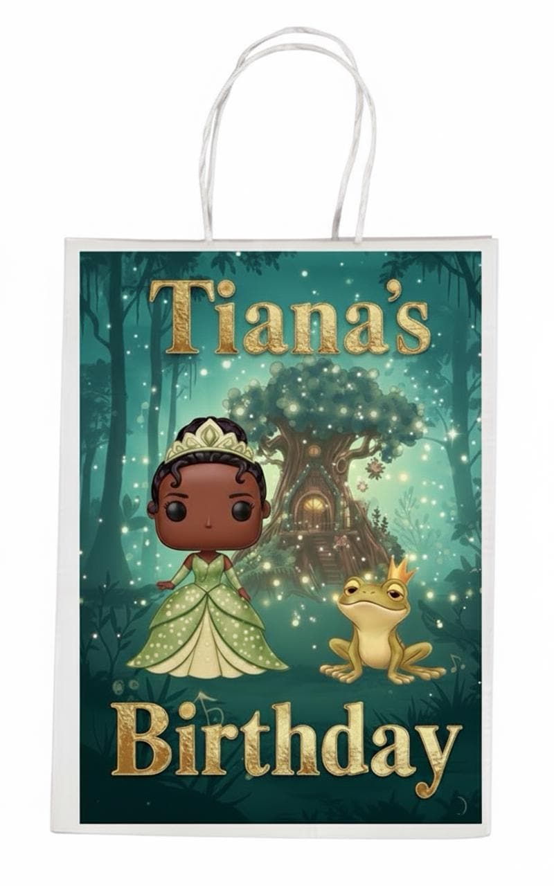Princess Tiana Party Bags Favors - Custom Girl Birthday Party Decor - Chibi Princess and Frog Gift Bag - Digital or Physical Party Supplies