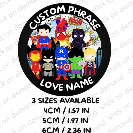 Personalised SUPERHERO  Stickers  - Party Stickers /  Birthday stickers / Sweet Cones/ Party favours /Cupcake/ Custom Phrase Stickers