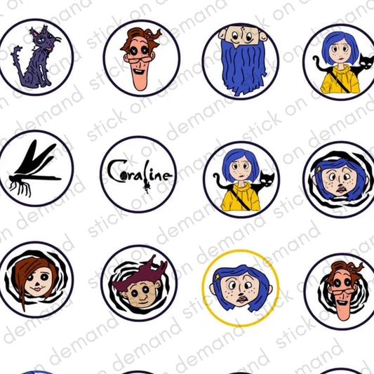 20 Coraline stickers / Party Kit /  Sticker Pack / Waterproof or Paper / Cupcake Toppers / Coraline / Stickers/ Mini Notebook