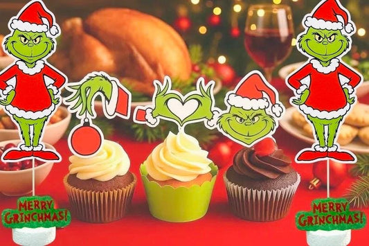 Grinch Christmas Party Topper Set – Handmade Cupcake & Centerpiece Decorations
