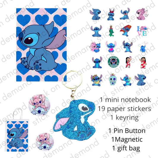 Personalised Stitch Stationery Gift Kit | Stickers, Keychain & Mini Notebook . Personalised Name on Mini notebook , Keyring and Gift Bag