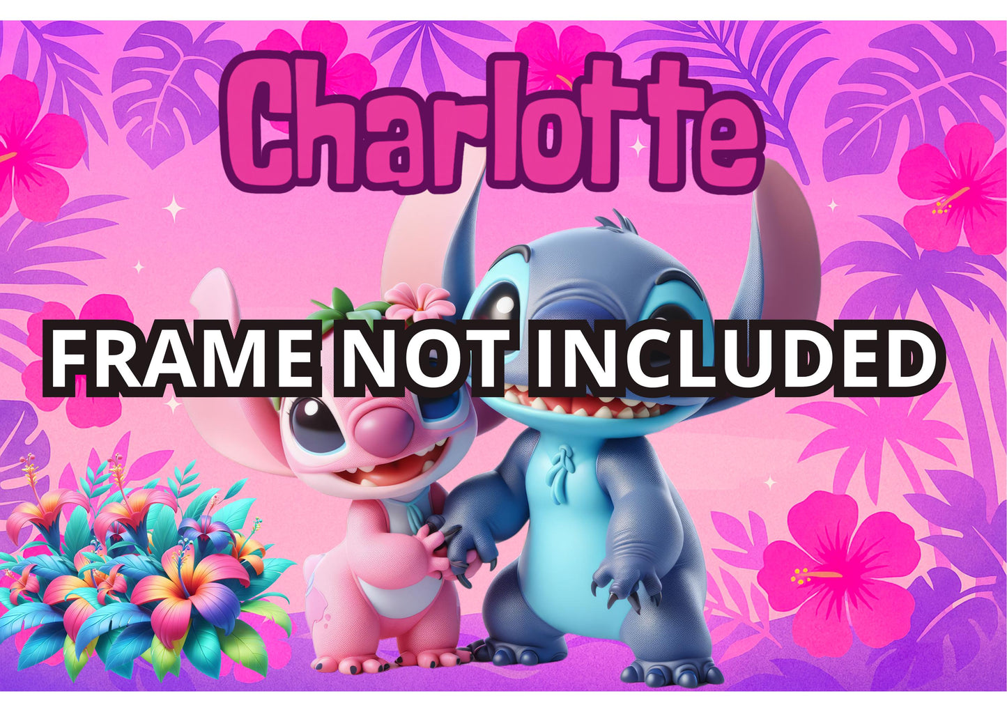 Personalised Stitch and Angel  A3 Poster / Custom Cartoon with Child’s Name / Printed on Premium Matte Paper / Frame not Included