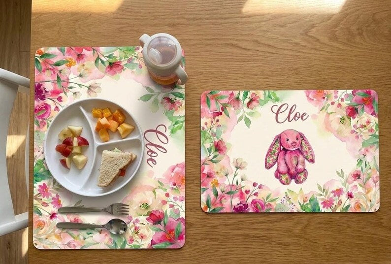 Personalised  Bunny and Flower   Placemat &  Coaster –Personalised -  Jellycat  Decor   , Kids Tableware – Custom Designs Available