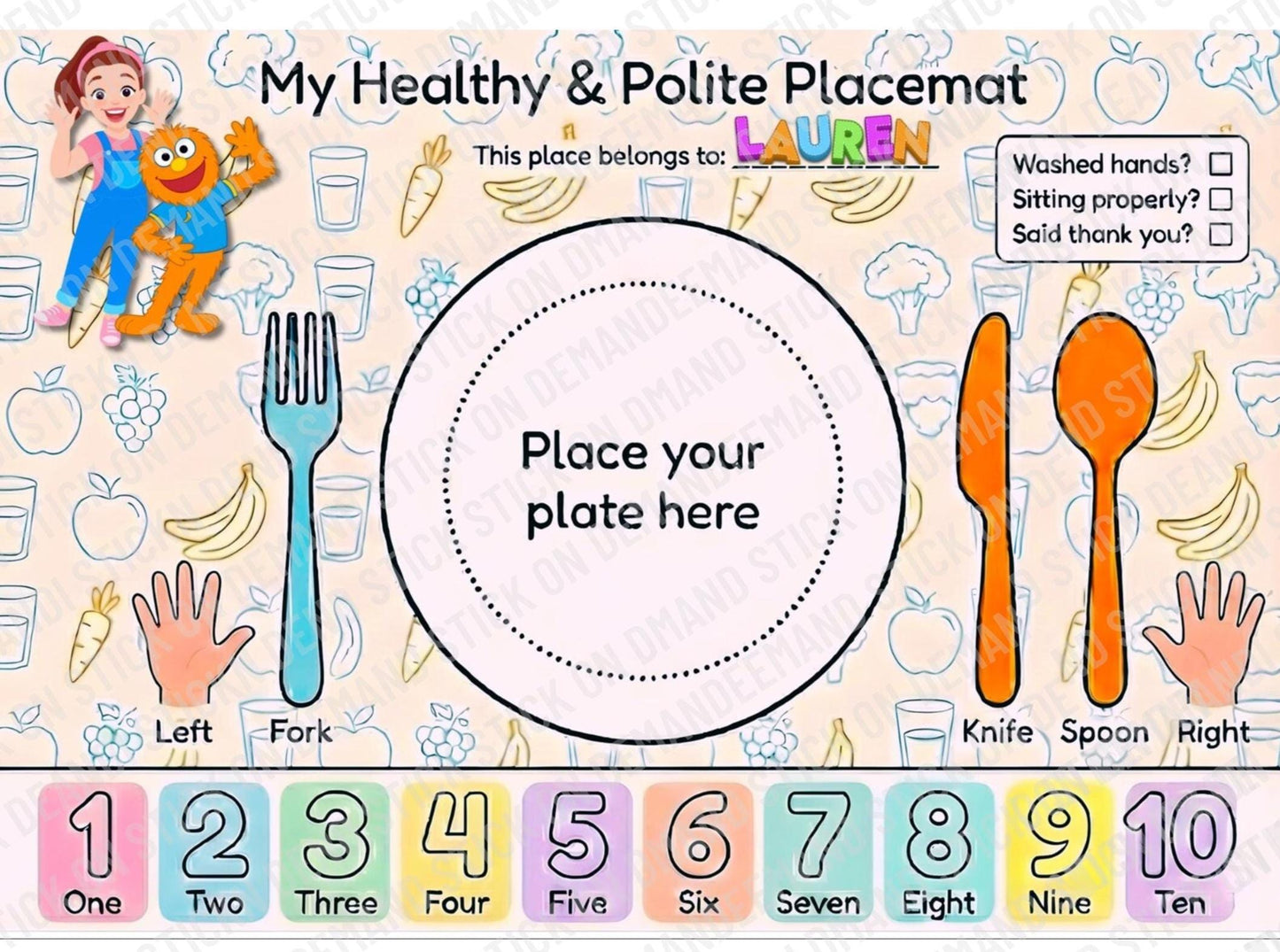 Personalised  Pink Teacher Educational Placemat - Kids Learning Mealtime Mat - Toddler Speech Development Theme - Stick On Demand