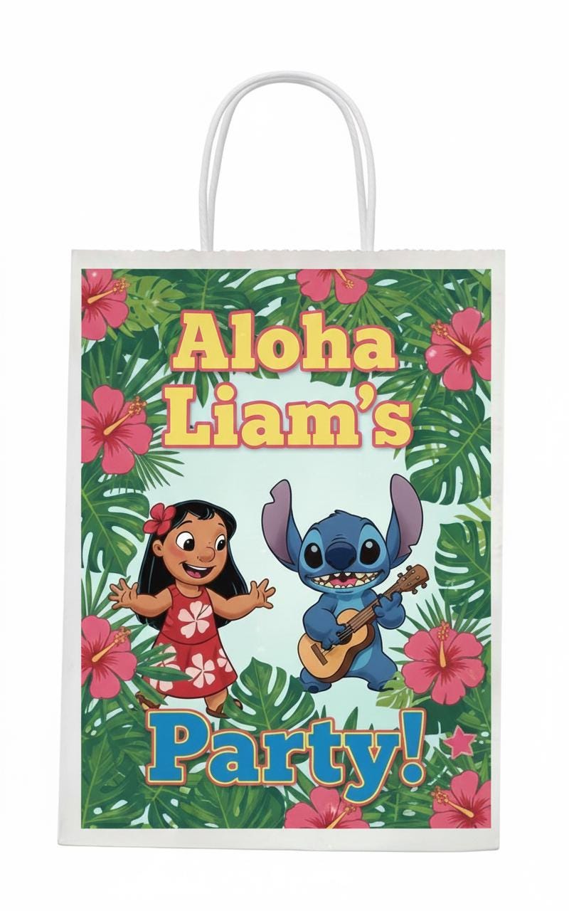 Lilo and Stitch Aloha Birthday Party Bags - Custom Tropical Luau Favor Bags - Hibiscus Floral Party Decor - Summer Hawaiian Celebration