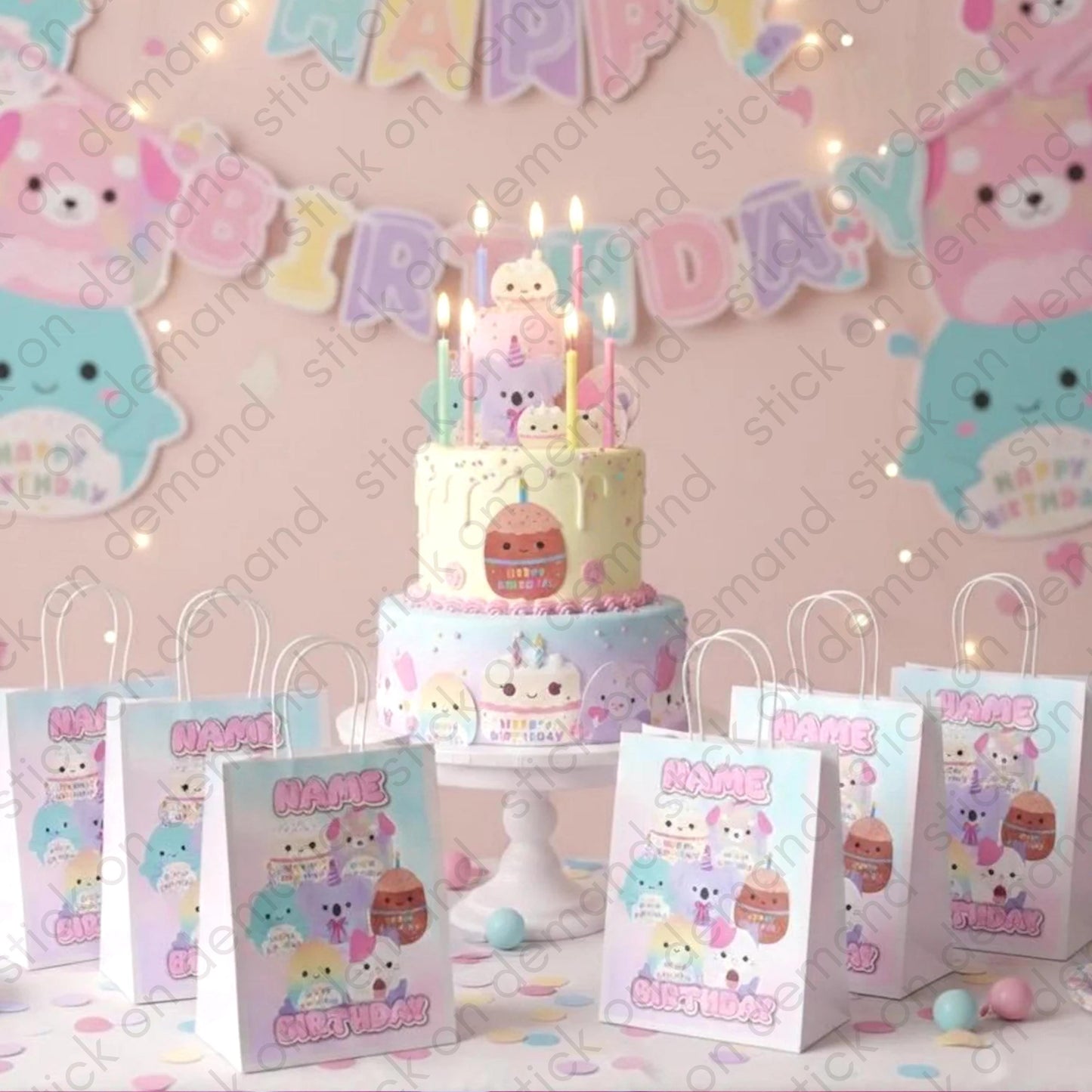 Squishy Animal Party Favor Bags or Complete Kits - Personalized Round Plushie Theme Goodie Bags - Kawaii Birthday Favors - Stick on Demand