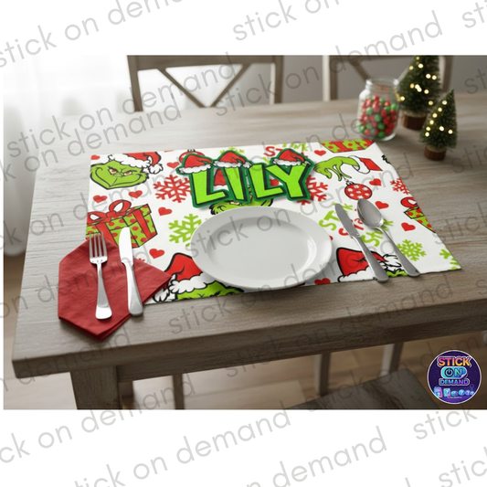 Personalised Grinch Placemat & Coaster – Grinch Tableware – Custom Designs Available - Christmas Decor  - Grinch placemat - Christmas Table