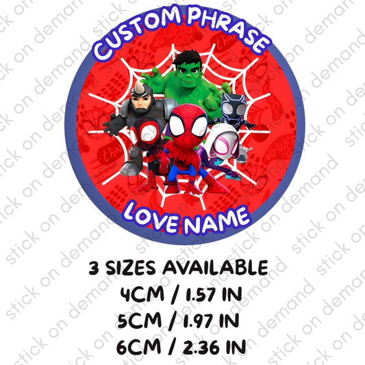 Personalised Spidey & Friends  Stickers  - Party Stickers /  Birthday stickers / Sweet Cones/ Party favours /Cupcake/ Custom Phrase Stickers