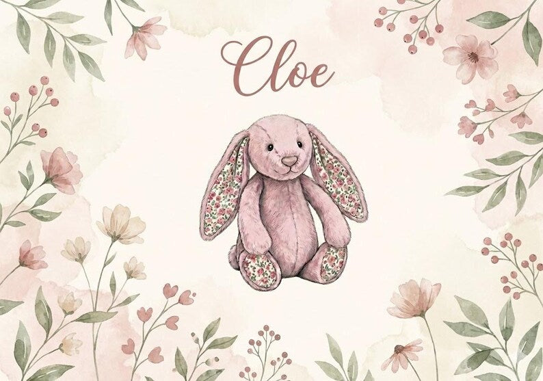 Personalised  Bunny and Flower   Placemat &  Coaster –Personalised -  Jellycat  Decor   , Kids Tableware – Custom Designs Available