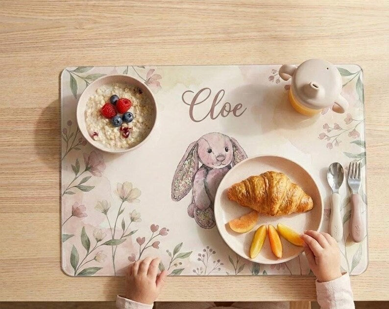 Personalised  Bunny and Flower   Placemat &  Coaster –Personalised -  Jellycat  Decor   , Kids Tableware – Custom Designs Available