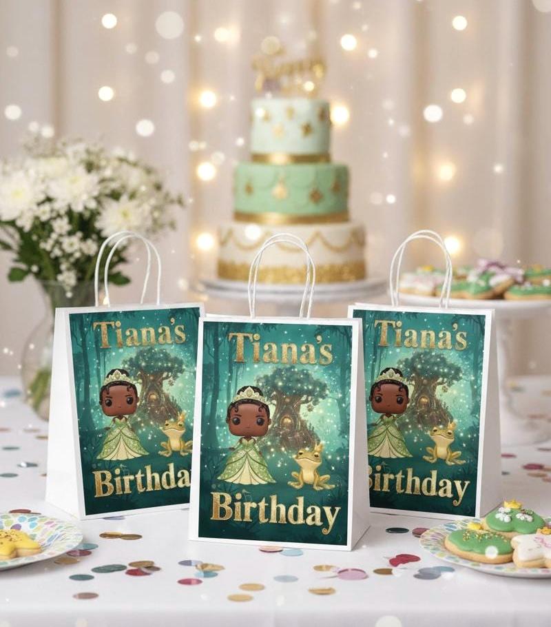 Princess Tiana Party Bags Favors - Custom Girl Birthday Party Decor - Chibi Princess and Frog Gift Bag - Digital or Physical Party Supplies