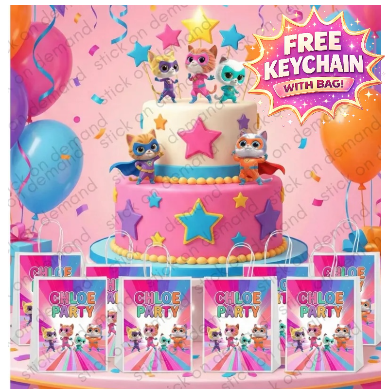 Personalised Small Hero Cats  Party Favor Bag + Keychain – Birthday Theme - Birthday Bag