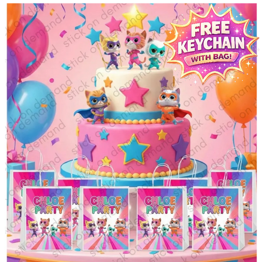 Personalised Small Hero Cats  Party Favor Bag + Keychain – Birthday Theme - Birthday Bag
