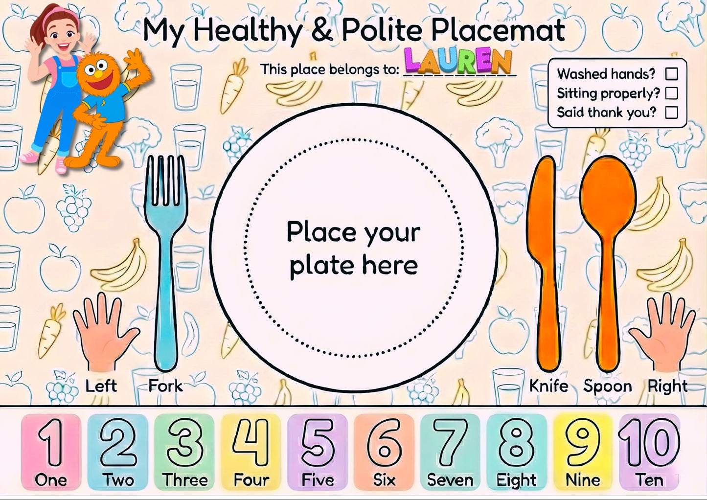 Personalised  Pink Teacher Educational Placemat - Kids Learning Mealtime Mat - Toddler Speech Development Theme - Stick On Demand