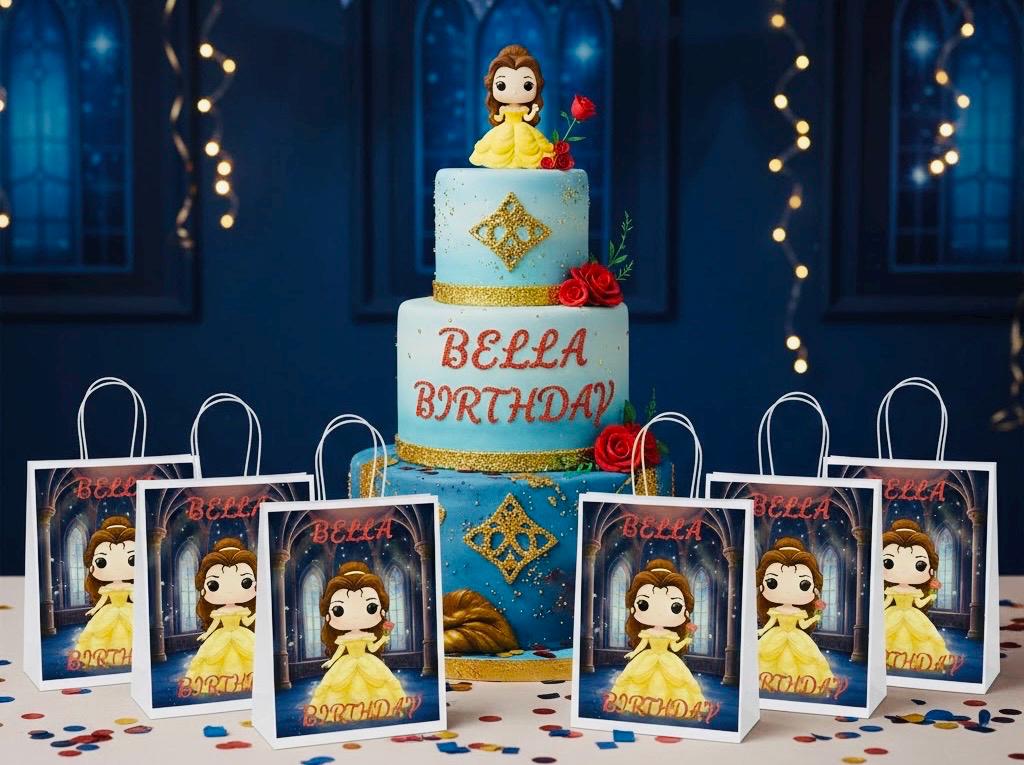 Personalised Princess Party Bags  - Belle Beauty and the Beast Theme - Birthday Party Favours, Custom Gift Bags for kids