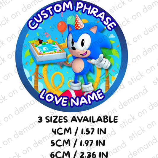 Personalised Sonic  Stickers  - Party Stickers /  Birthday stickers / Sweet Cones/ Party favours /Cupcake/ Custom Phrase Stickers