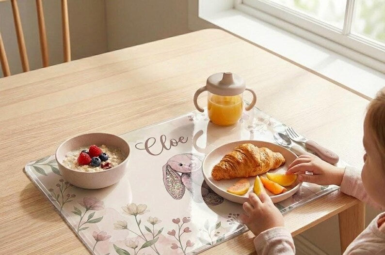 Personalised  Bunny and Flower   Placemat &  Coaster –Personalised -  Jellycat  Decor   , Kids Tableware – Custom Designs Available