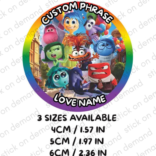 Personalised Inside Out  2 Stickers  - Party Stickers /  Birthday stickers / Sweet Cones/ Party favours /Cupcake/ Custom Phrase Stickers