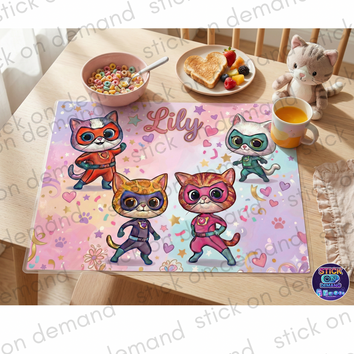 Personalised Kitties   Placemat &  Coaster –Personalised -  Hero Cats   Decor   , Kids Tableware – Custom Designs Available