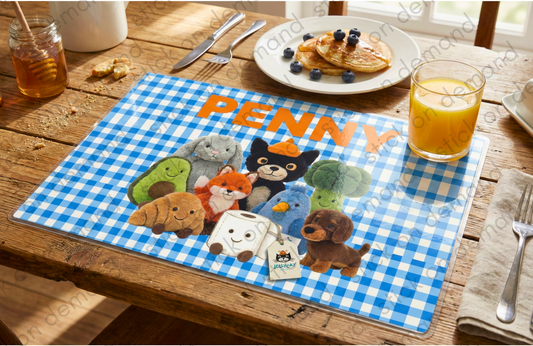 Personalised  Cute  Placemat &  Coaster –Personalised -  Jellycat  Decor   , Kids Tableware – Custom Designs Available
