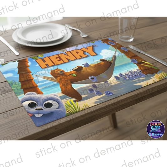 Personalised Grizzly Placemat & Coaster   –Personalised -  Grizzly  set , Kids Tableware – Custom Designs Available - Placemat lemmings