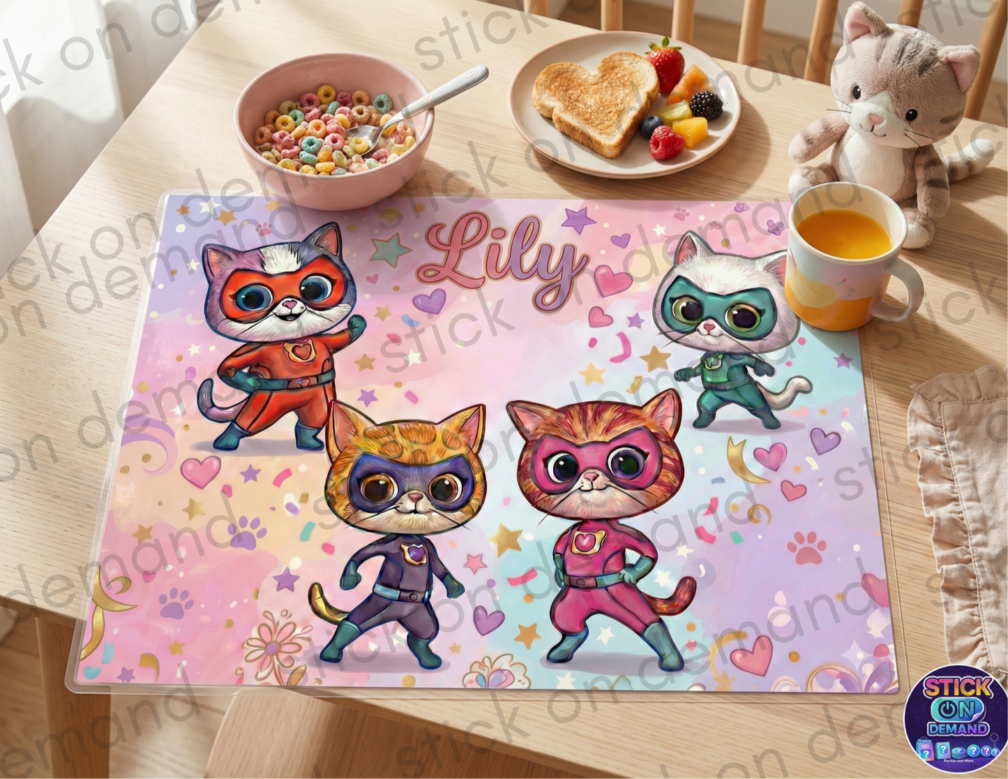 Personalised Kitties   Placemat &  Coaster –Personalised -  Hero Cats   Decor   , Kids Tableware – Custom Designs Available