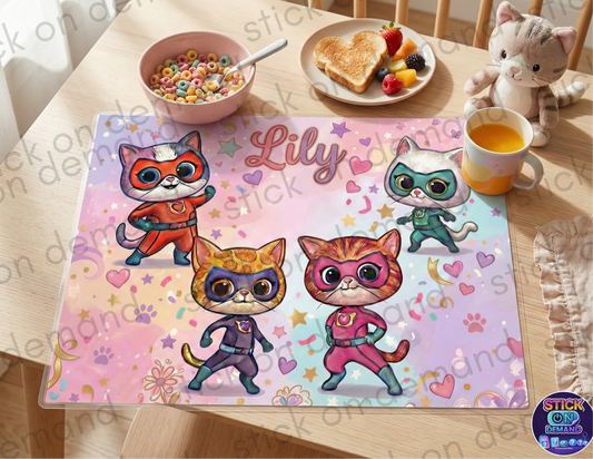 Personalised Kitties   Placemat &  Coaster –Personalised -  Hero Cats   Decor   , Kids Tableware – Custom Designs Available