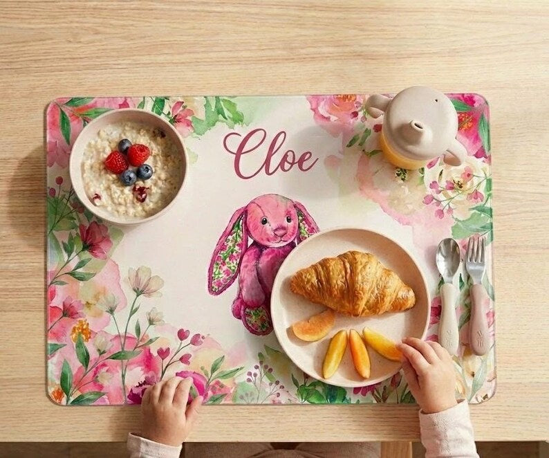 Personalised  Bunny and Flower   Placemat &  Coaster –Personalised -  Jellycat  Decor   , Kids Tableware – Custom Designs Available