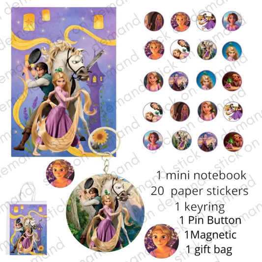 Personalised Rapunzel Gift Kit | Stickers, Keychain, Mini Notebook & More . Personalised Name on Mini notebook , Keyring and Gift Bag