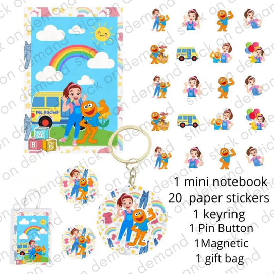 Personalised Gift Kit Ms Rachel Style | Includes  Stickers + Keychain & More   | Ms Rachel Gift /  Name on Mini notebook , Keyring and Bag