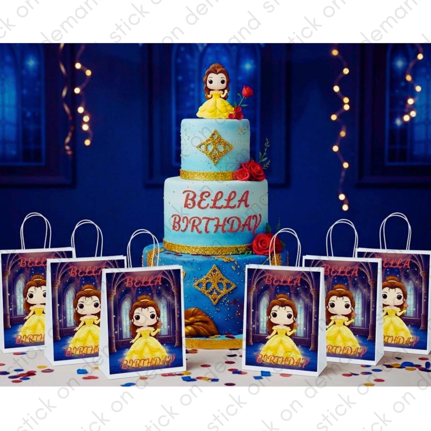 Personalised Princess Party Bags  - Belle Beauty and the Beast Theme - Birthday Party Favours, Custom Gift Bags for kids