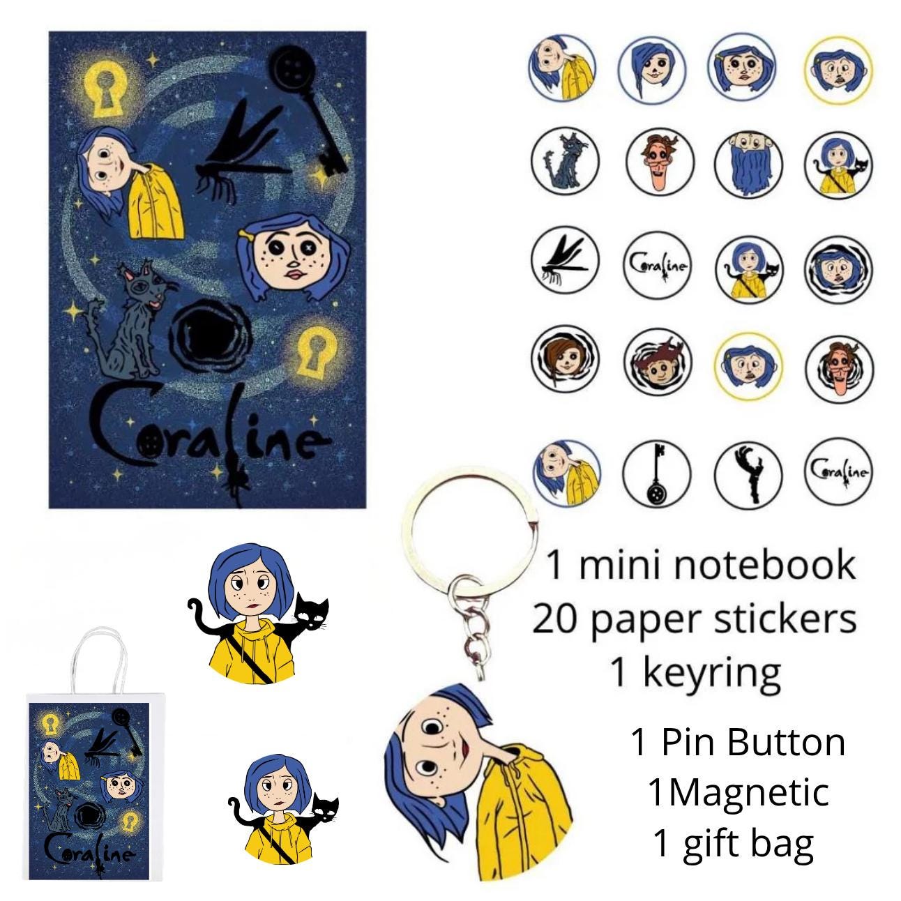 20 Coraline stickers / Party Kit /  Sticker Pack / Waterproof or Paper / Cupcake Toppers / Coraline / Stickers/ Mini Notebook