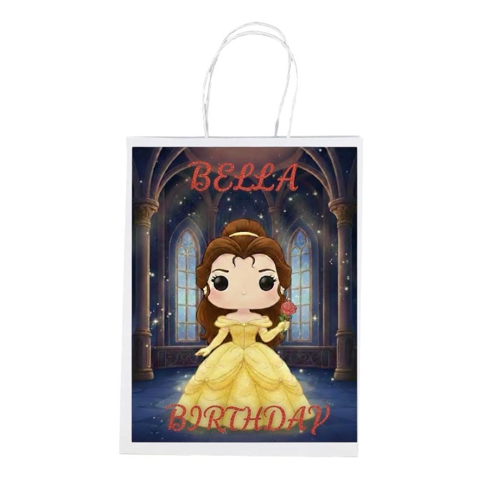 Personalised Princess Party Bags  - Belle Beauty and the Beast Theme - Birthday Party Favours, Custom Gift Bags for kids