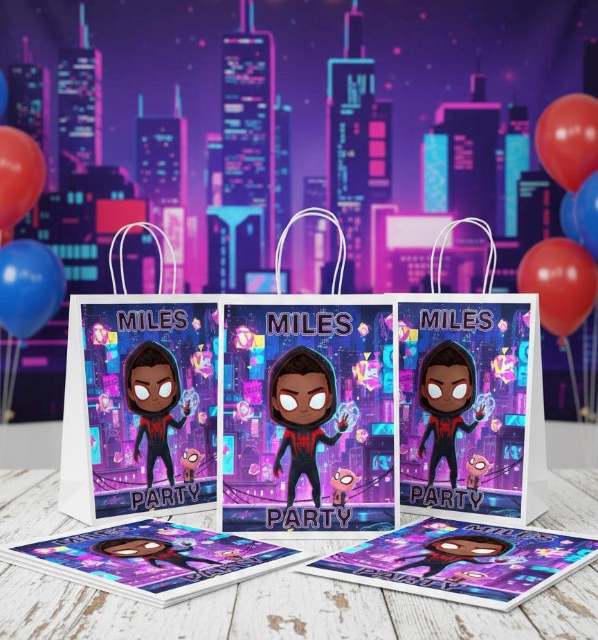 Superhero Spider Multiverse Party Bags, Neon Red Black Hero Birthday, Urban Graffiti Goodie Bags, Personalized Superhero Favor Bags