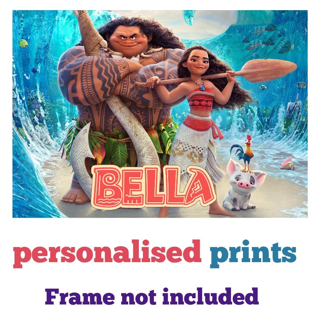Personalised Moana  A3 Poster / Custom Cartoon with Child’s Name / Printed on Premium Matte Paper