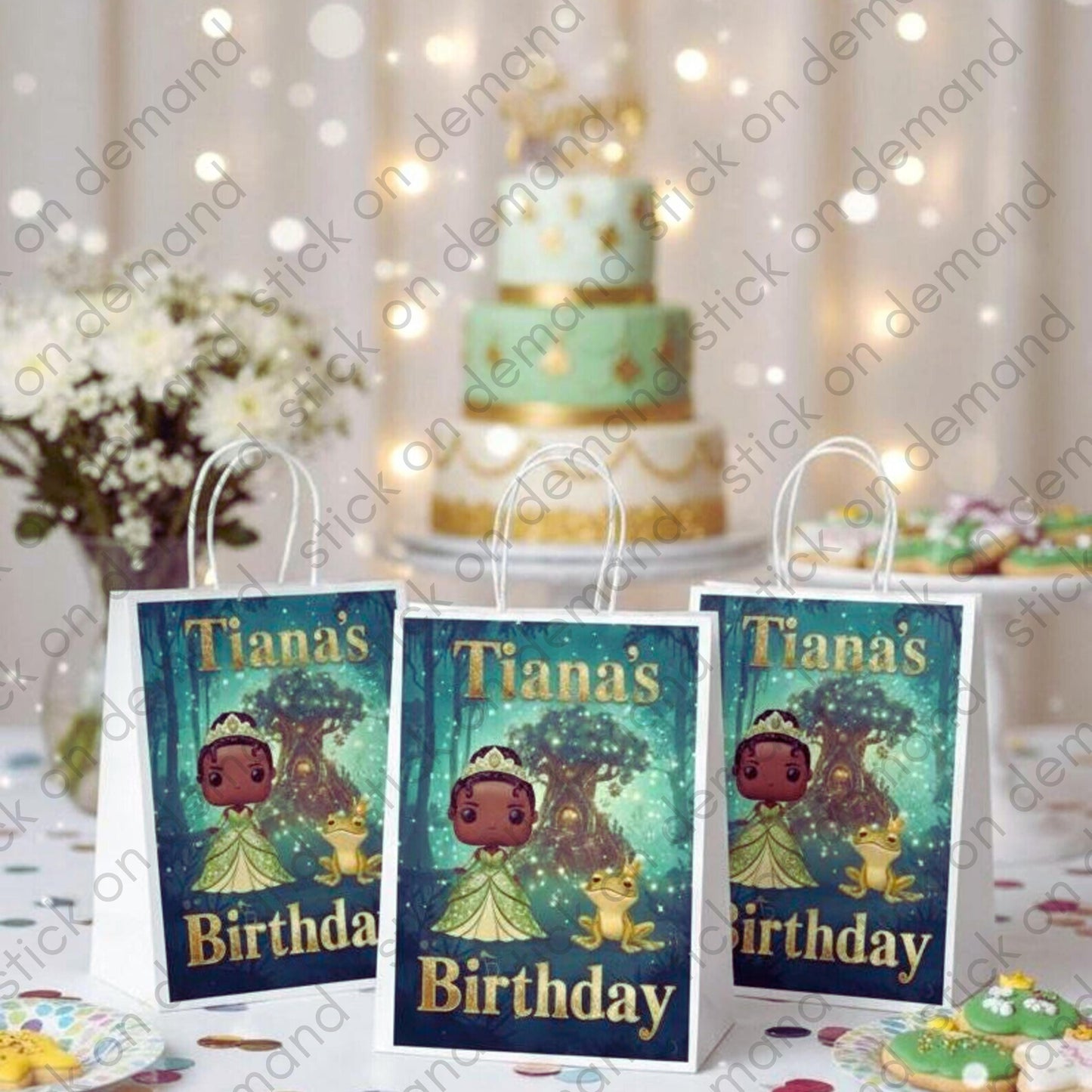 Princess Tiana Party Bags Favors - Custom Girl Birthday Party Decor - Chibi Princess and Frog Gift Bag - Digital or Physical Party Supplies