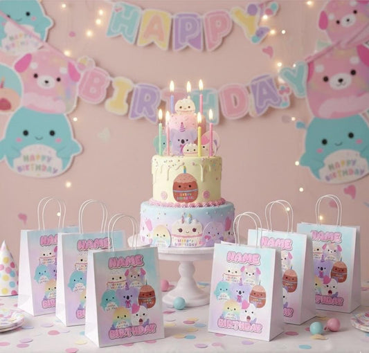 Squishy Animal Party Favor Bags or Complete Kits - Personalized Round Plushie Theme Goodie Bags - Kawaii Birthday Favors - Stick on Demand