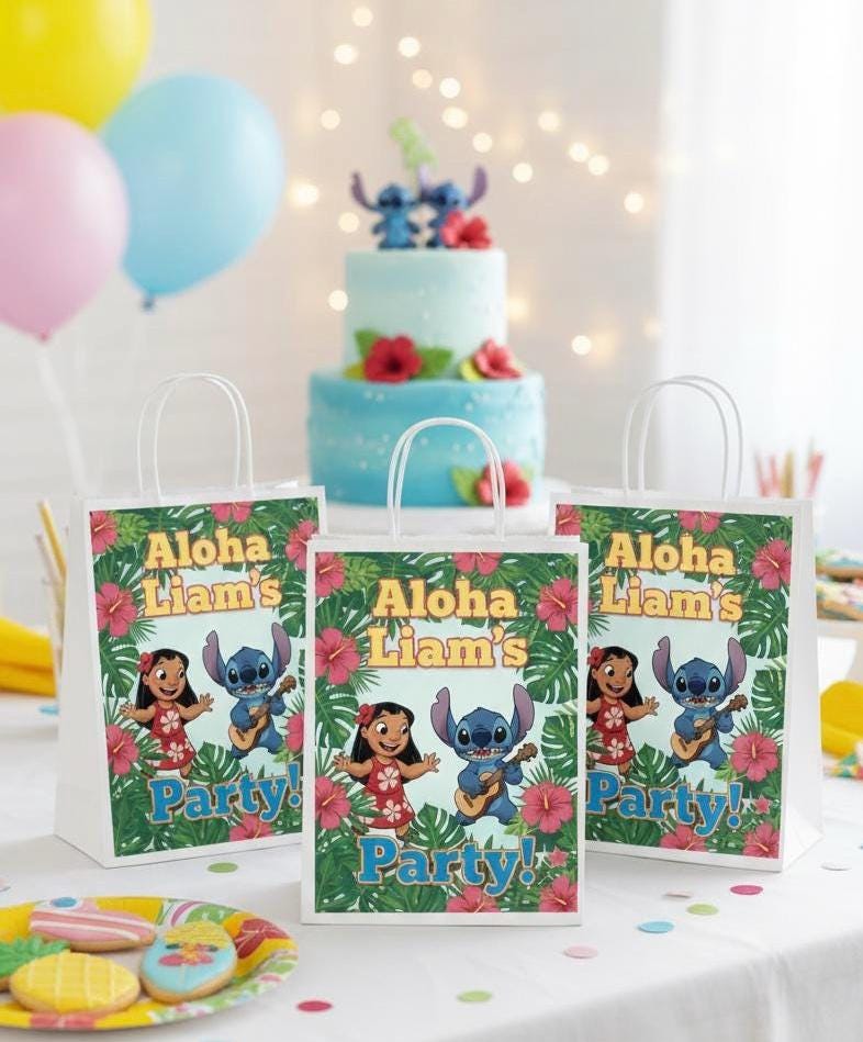 Lilo and Stitch Aloha Birthday Party Bags - Custom Tropical Luau Favor Bags - Hibiscus Floral Party Decor - Summer Hawaiian Celebration