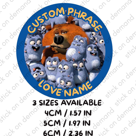 Funny Brown Bear and Blue Rodents Party Stickers - Personalized Name and  Phrase  - 3 Sizes for Favors and Decor - Stick on Demand