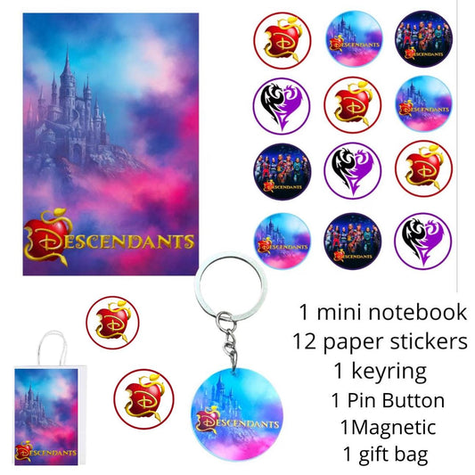 Personalised Descendants Stationery Gift Kit | Keychain, Stickers, Notebook . Personalised Name on Mini notebook , Keyring and Gift Bag